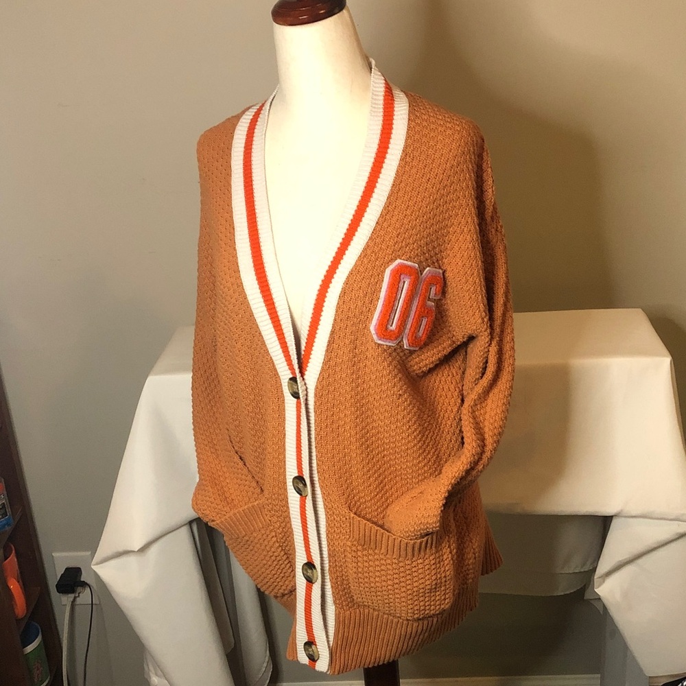 Aerie Warm Brown Cardigan with White Trim